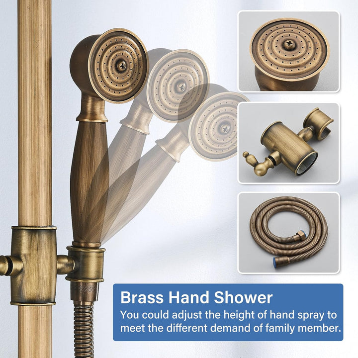 Duschsystem mit Regendusche, Antik Messing, Edelstahl, mit Handbrause, Kopfbrause, Verstellbarer Dus