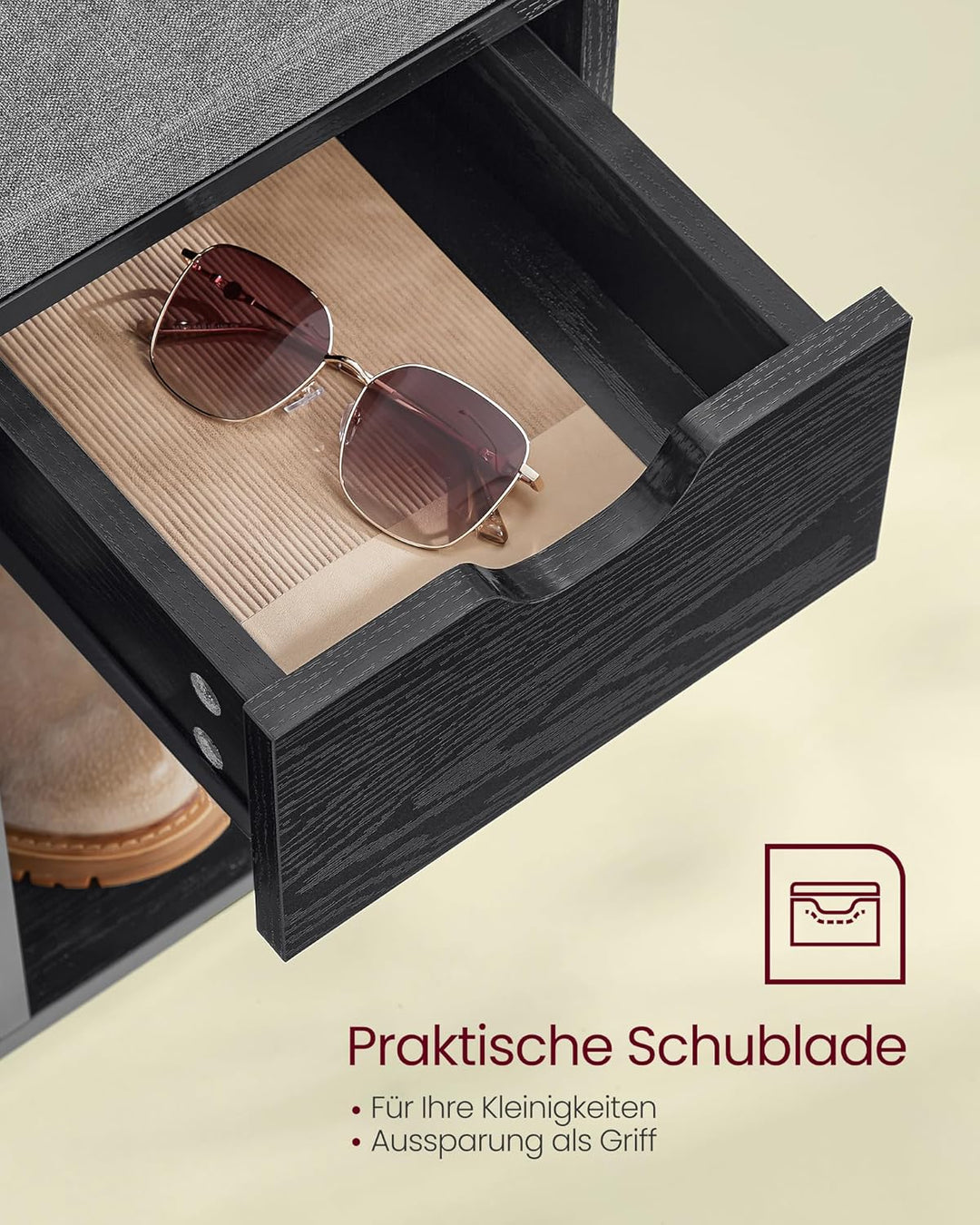 VASAGLE Custos Kollektion - Schuhbank, Schuhregal mit Schublade und offenen Fächern, Sitzbank, gepol