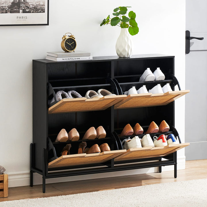 Schuhschrank Mit 4 Klappen, Schuhregal Schuhkipper Schmal, Schuhablage Verstellbar, Schuhkommode für