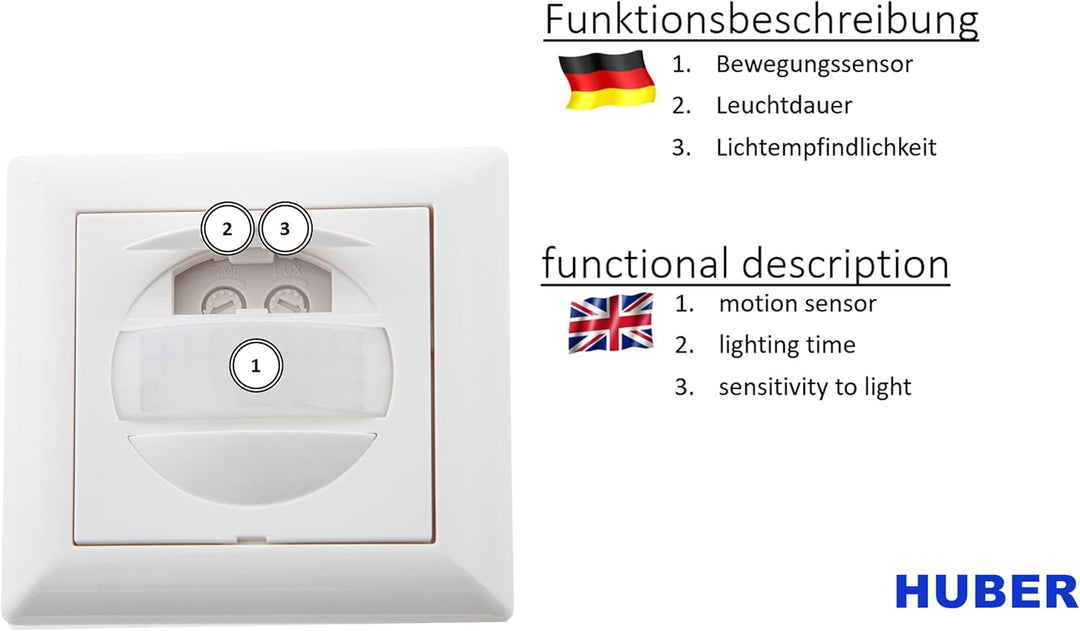 HUBER Motion 13R PIR Bewegungsmelder 170° für Innen I Unterputz Bewegungsmelder - Motion Sensor mit