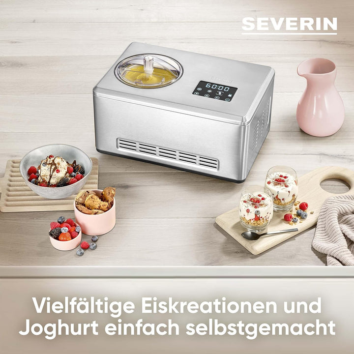 Severin 2-in-1 Eismaschine mit Joghurtfunktion, Inkl. Eisbehälter (2L) und Rezeptbuch, Digitaler Tim