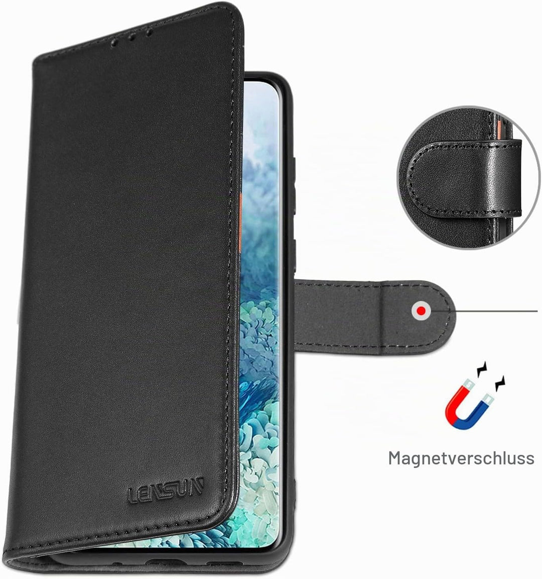 LENSUN Echtleder Hülle für Samsung Galaxy S20 Plus, Handyhülle [Echtes Leder] [Magnetverschluss] [RF
