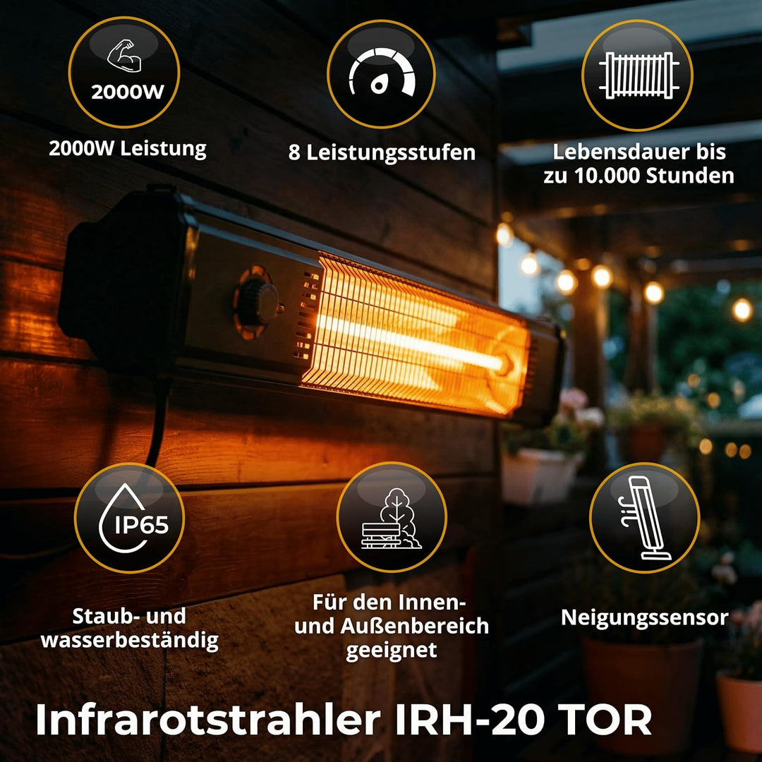 Infrarot Heizstrahler 2000W 8 Stufen, 2-in-1 Wandmontage Standgerät IP65 TOR Schwarz, Schwarz