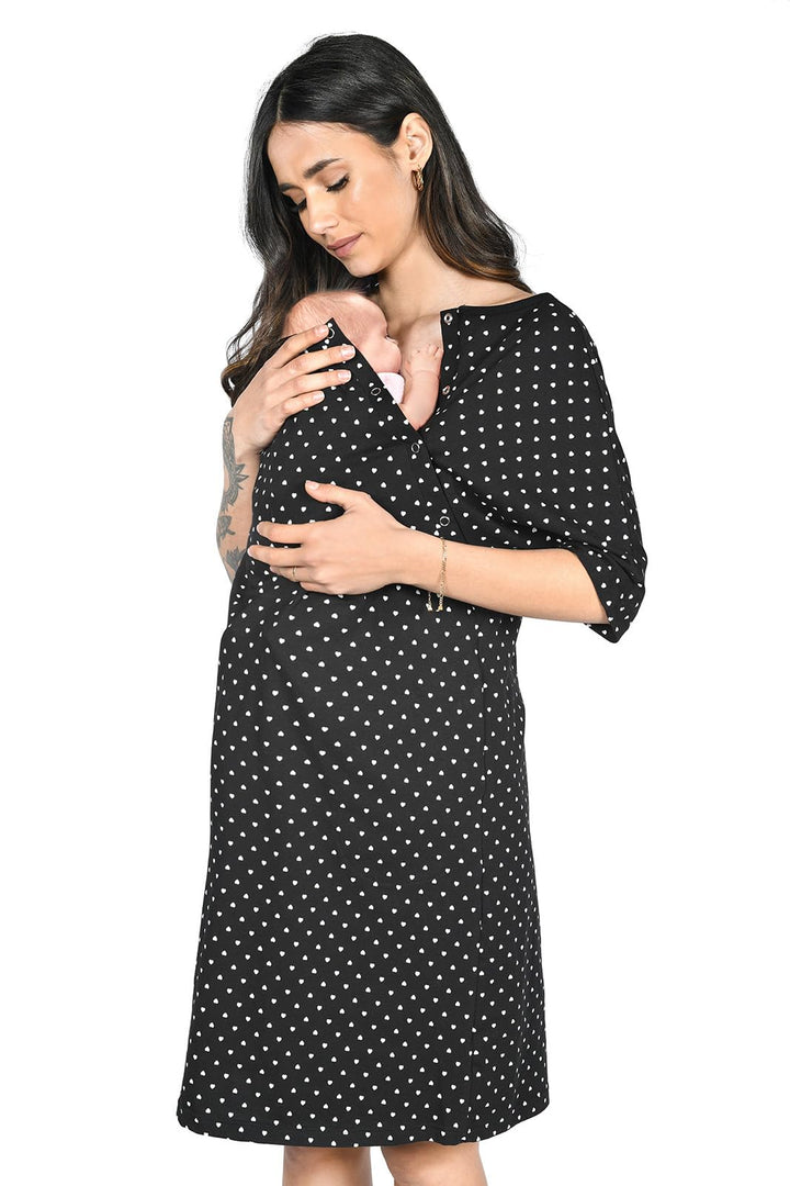 MijaCulture 3 in1 Geburtskleid Stillnachthemd Umstandsnachthemd 4128 L Schwarz / Herzen, L Schwarz /