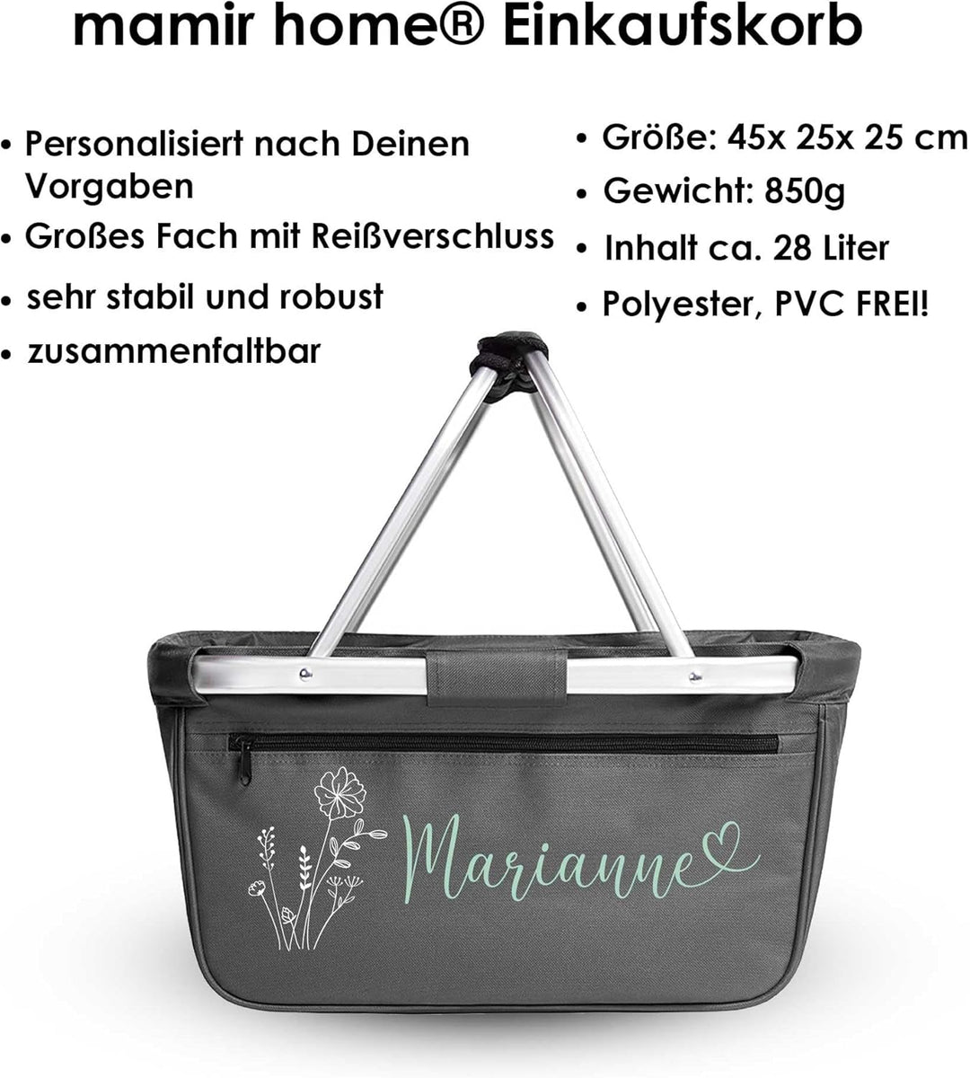 Einkaufskorb personalisiert I Blume Name Herzschrift I faltbar Geschenk Geburtstag Weihnachten Fraue