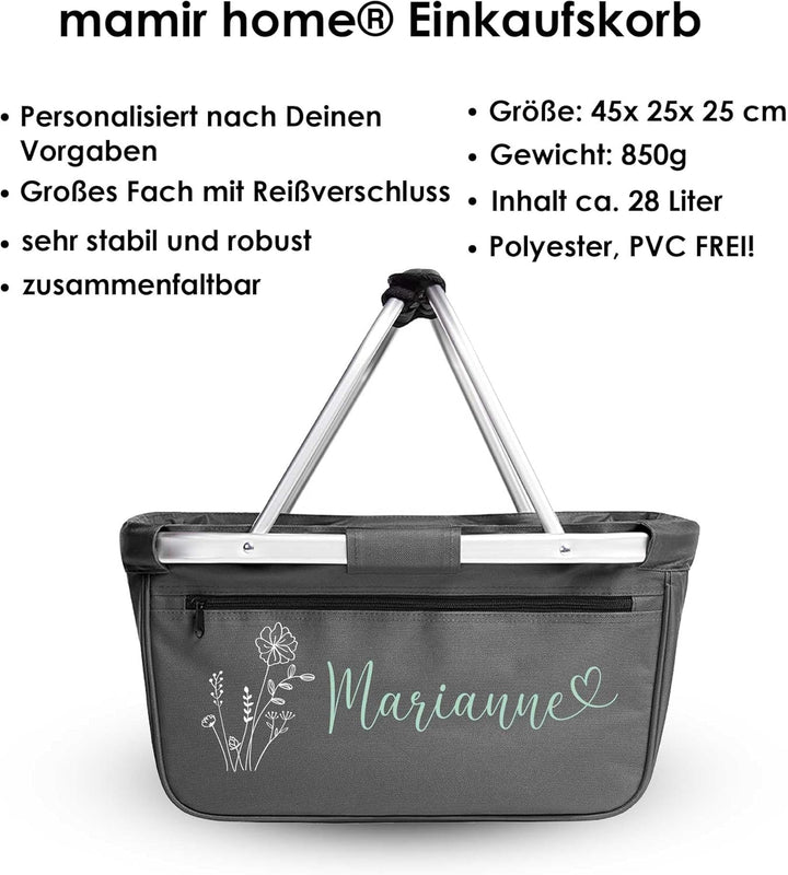 Einkaufskorb personalisiert I Blume Name Herzschrift I faltbar Geschenk Geburtstag Weihnachten Fraue