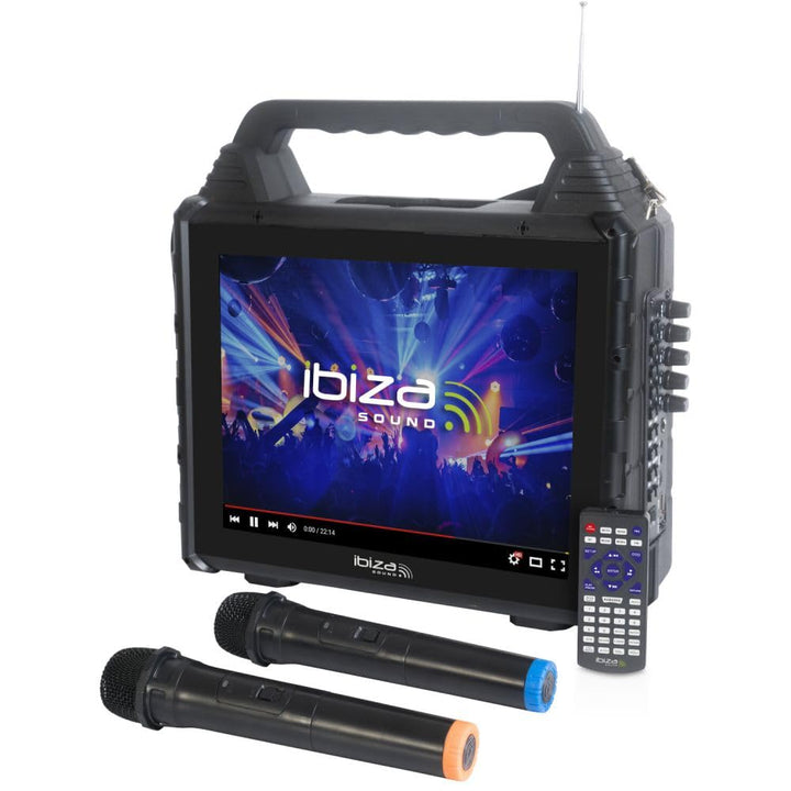 IBIZA KARAVISION tragbarer Karaoke Lautsprecher mit Bildschirm und 2 Funk-Mikrofonen Karaokeanlage P