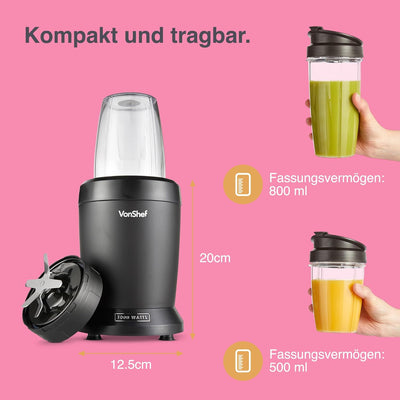 VonShef Personal Blender Multifunktionaler, leistungsstarker Smoothie-Mixer für Obst, Gemüse, Shakes