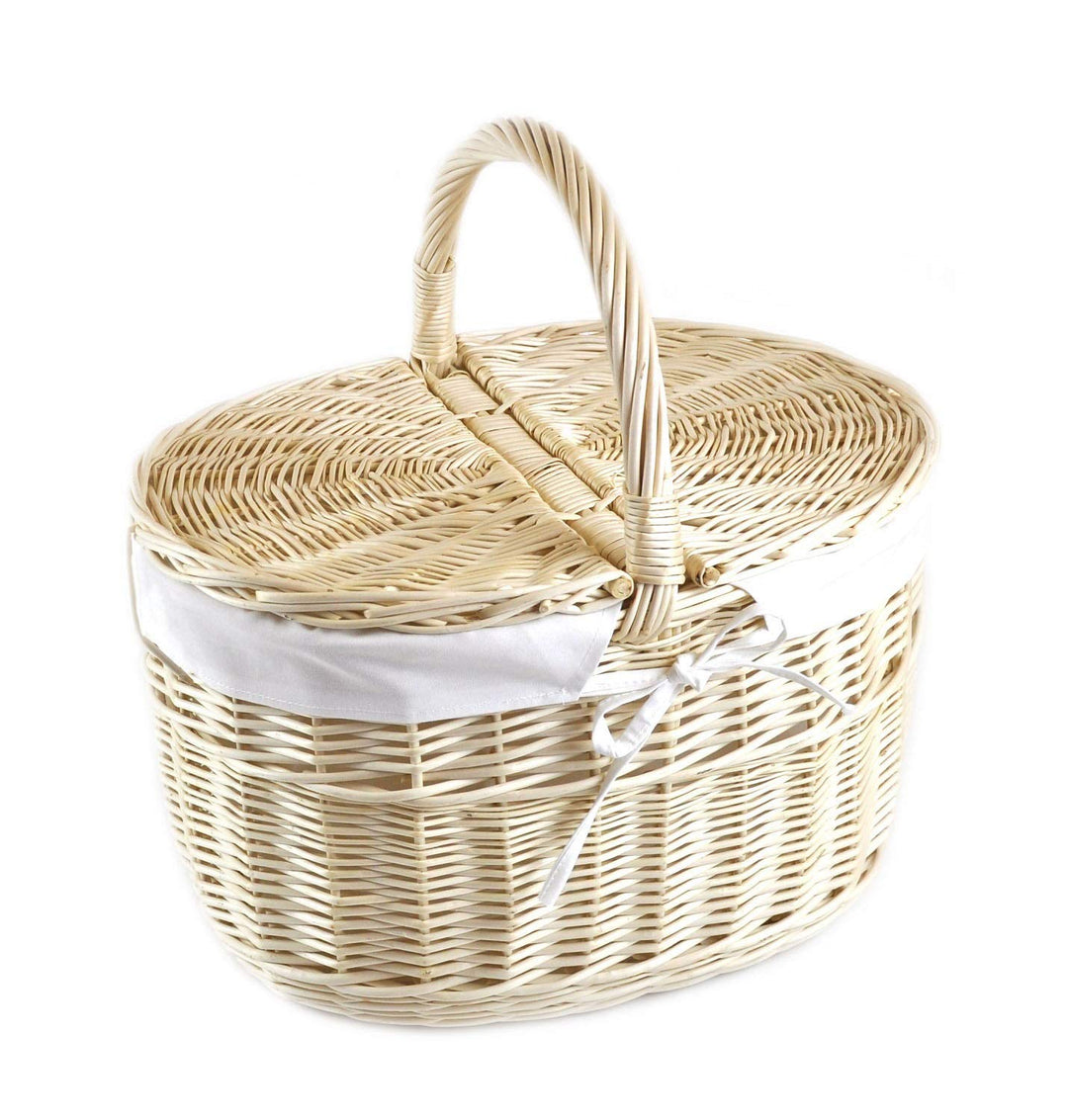 MyBer® Korb Picknickkorb Tragekorb mit 2 Deckeln Weidenkorb Vollweide Einkaufskorb geflochten weiss