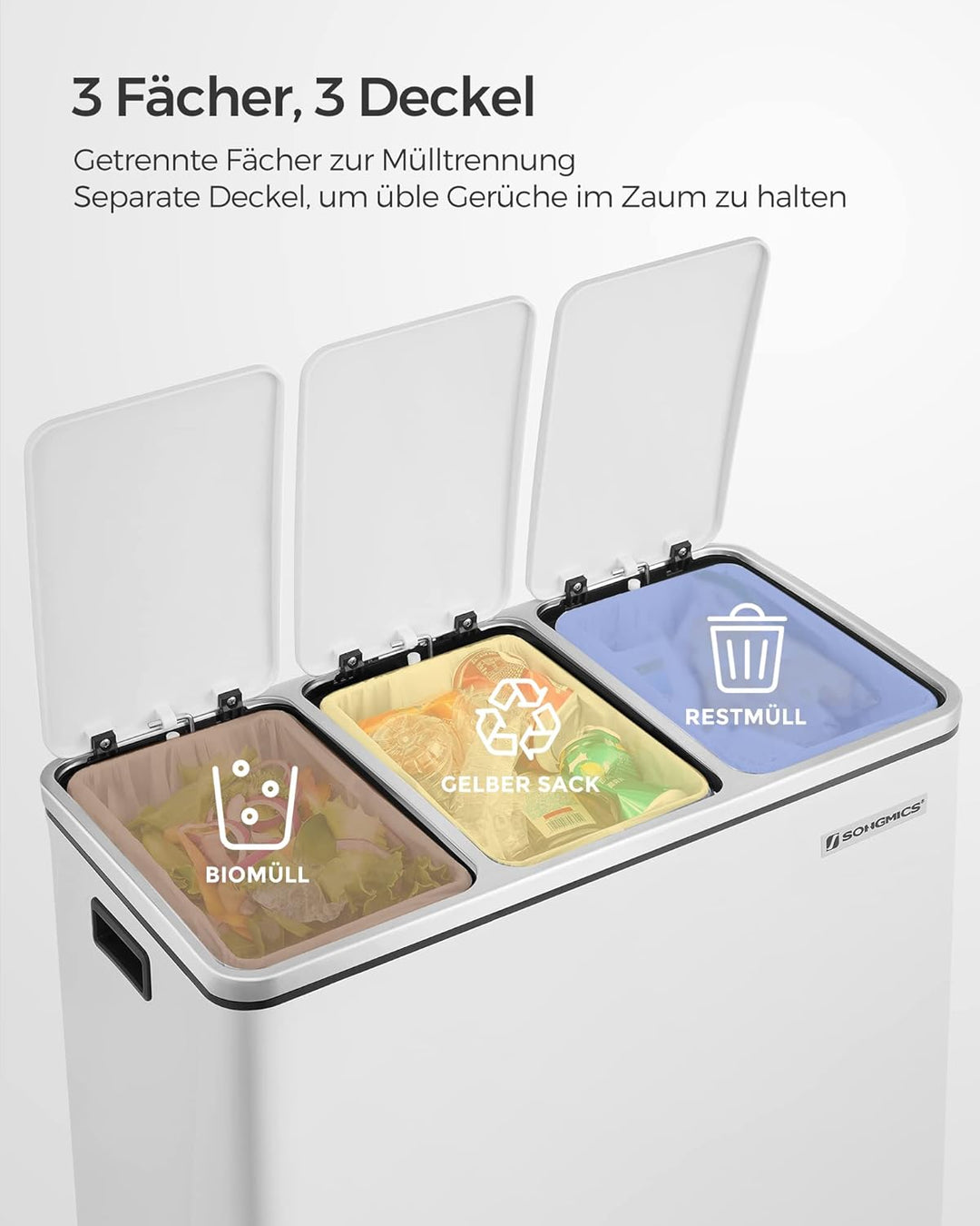 SONGMICS Mülleimer Küche, 3 x 18 L, Mülltrennsystem 3 Fächer, inklusive 15 Müllbeutel, Abfalleimer,