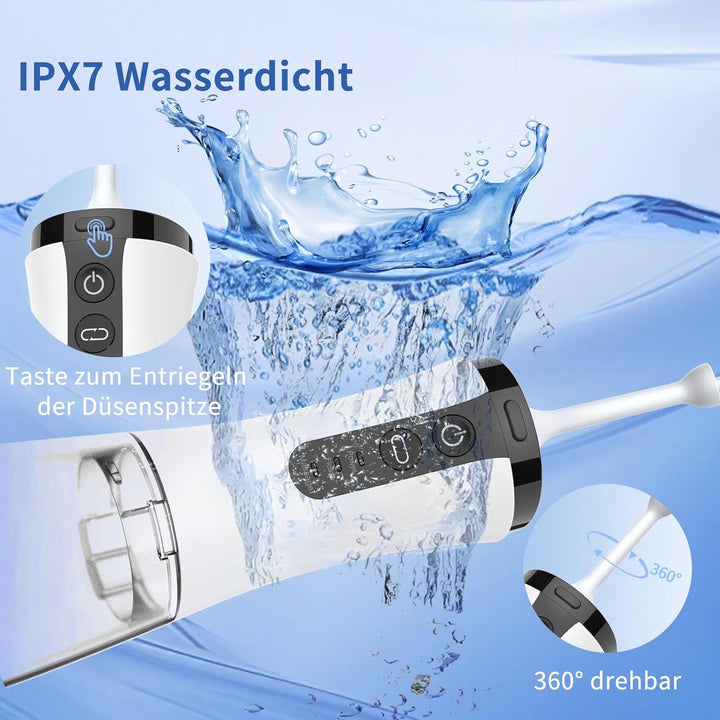 Visuell Munddusche Kabellos, IPX7 Wasserdicht, 5 Multifunktionale Jet-Tipps, 350ML WassertankTestsie