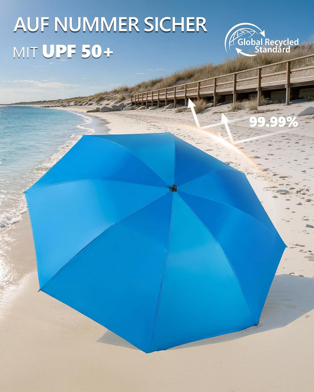 4smile Sonnenschirm Strand Ø 180 cm SET mit Eindrehbodenhülse, Blau | Strandschirm Windfest Stabil m
