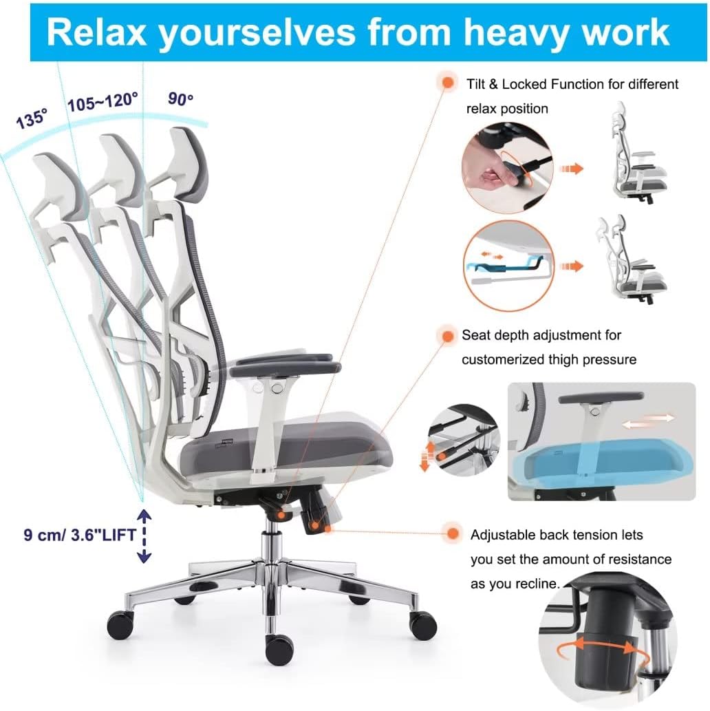 HOLLUDLE Ergonomischer Bürostuhl mit Adaptiver Rückenlehne, Schreibtischstuhl mit 4D Armlehnen, Vers