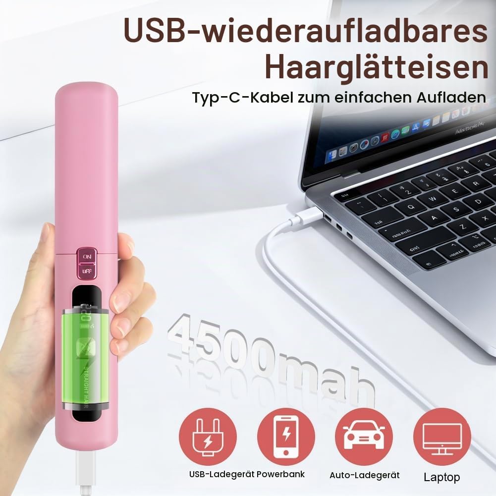 2 in 1 Glätteisen, 4500mAh Haarglätteisen, Kabellos Haarglätter, Keramik-Turmalin-Beschichtung, Weni