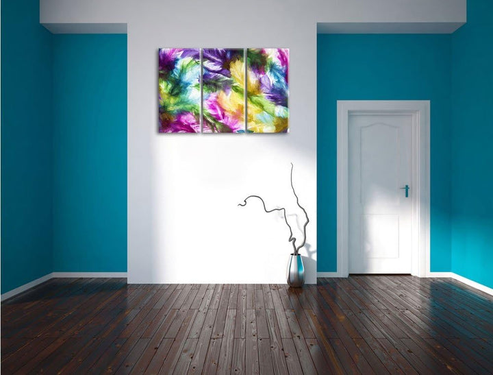 Pixxprint Anordnung von Federn als Leinwandbild/Grösse: 3 Teilig (120x80) cm/Wandbild/Kunstdruck/fer