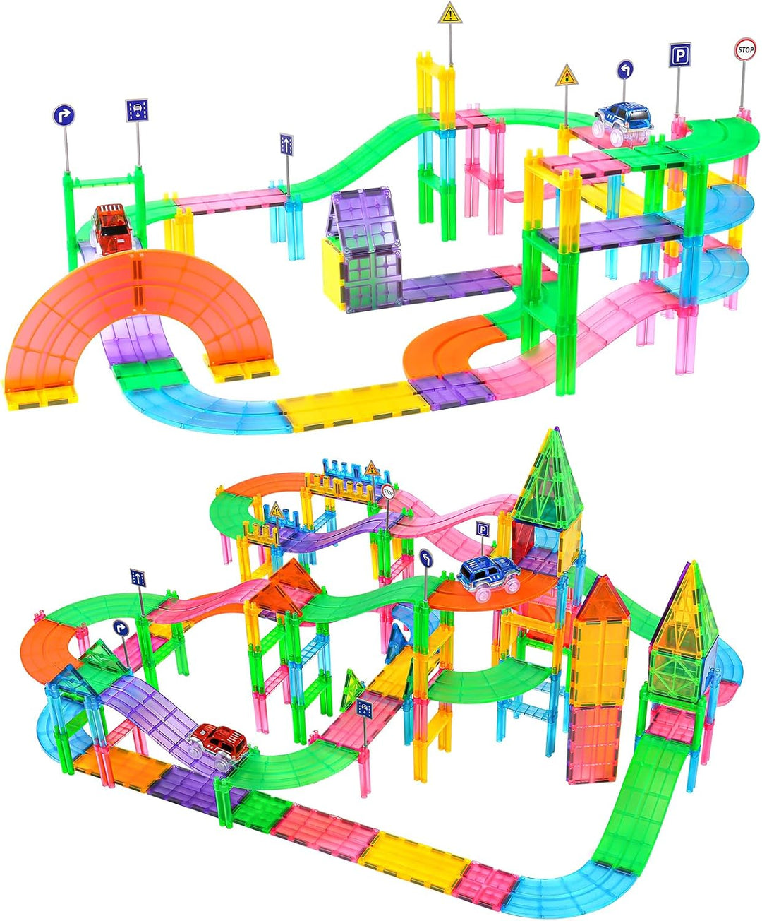 63Pcs Magnetisches Baustein Spielzeug für Bahnrennen, Magnetisches Bauspielzeug mit LED Rennwagen, M