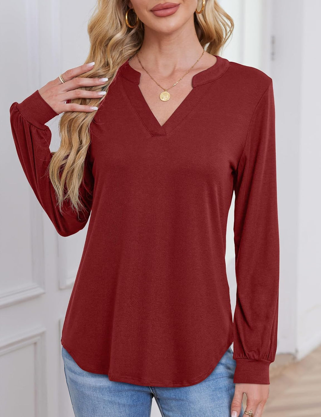 Beluring Langarmshirt Damen Elegant V Ausschnitt Tunika Bluse Einfarbig T-Shirt M Weinrot, M Weinrot