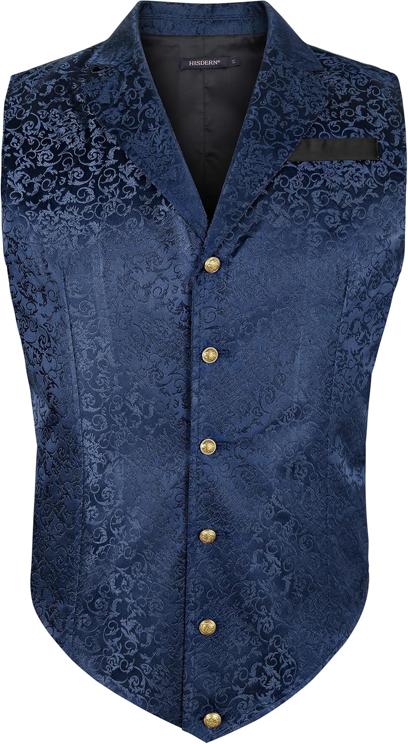 HISDERN Herren Paisley Weste Formelle Hochzeit Party Gothic Steampunk Revers Weste für Herren L Navy