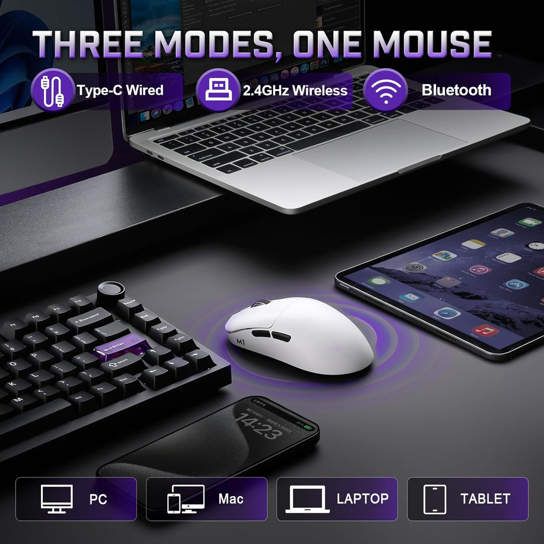 YUNZII M1 Kabellose Gaming-Maus, BT/2.4G Wireless/Wired Ultralight Mouse, PAW3311-Sensor 10000 DPI,