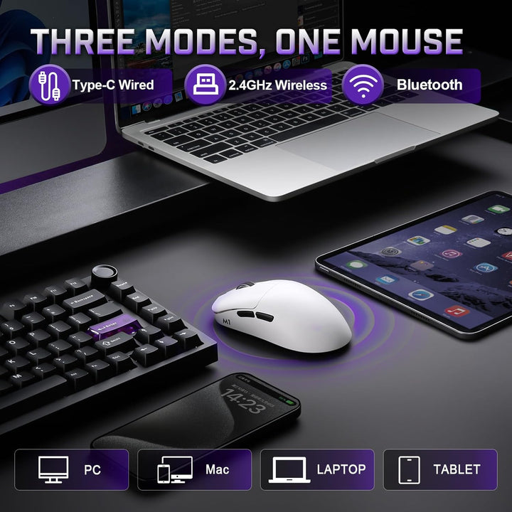 YUNZII M1 Kabellose Gaming-Maus, BT/2.4G Wireless/Wired Ultralight Mouse, PAW3311-Sensor 10000 DPI,