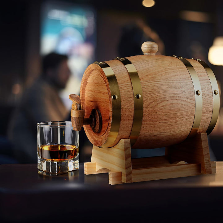 Relaxdays Schnapsfass, 1,25 l, Eichenholz, Holzfass mit Bock & Zapfhahn, Whisky, Wein, Spirituosen,