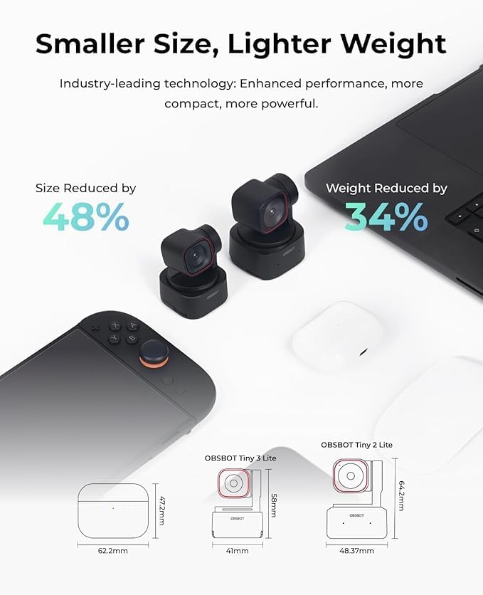 OBSBOT Tiny 3 Lite mit Stativ, 4K-Webcam Spatial Audio,Tri-Mikrofon-Array, PC-Kamera 120 fps HDR, mi