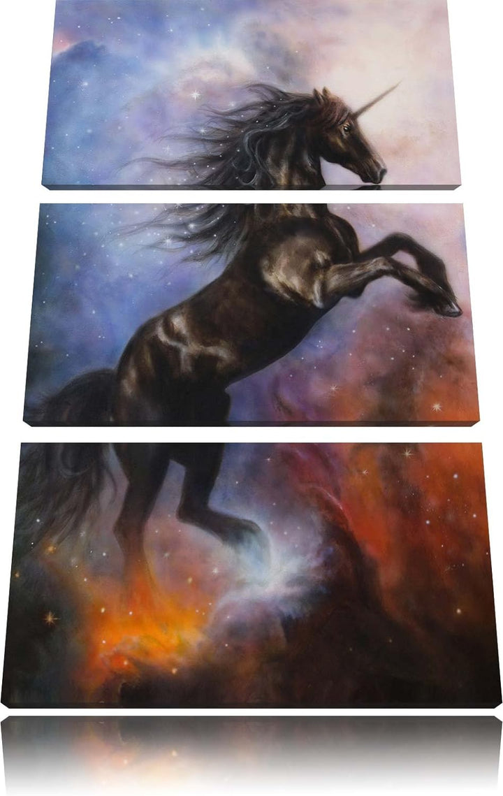 Pixxprint Traumhaftes schwarzes Einhorn / 3-Teilig/Gesamtmass 120cm Leinwandbild bespannt auf Holzra
