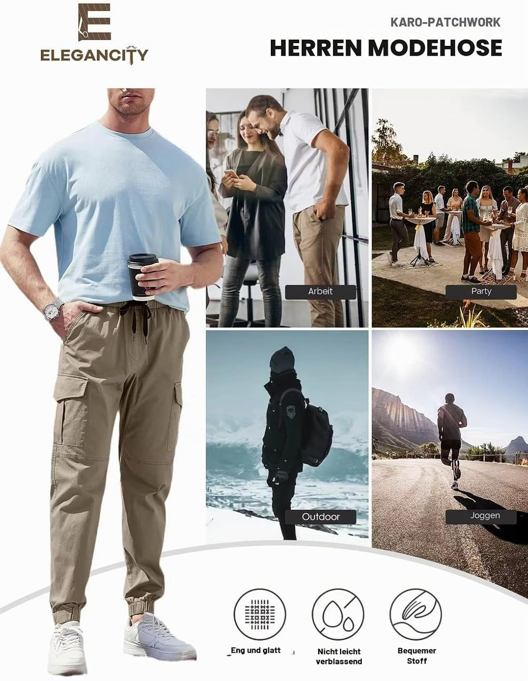 Elegancity Cargohose Herren Chino Hose mit 6 Taschen Cargo Hose Stretch Jogginghose für Männer mit B