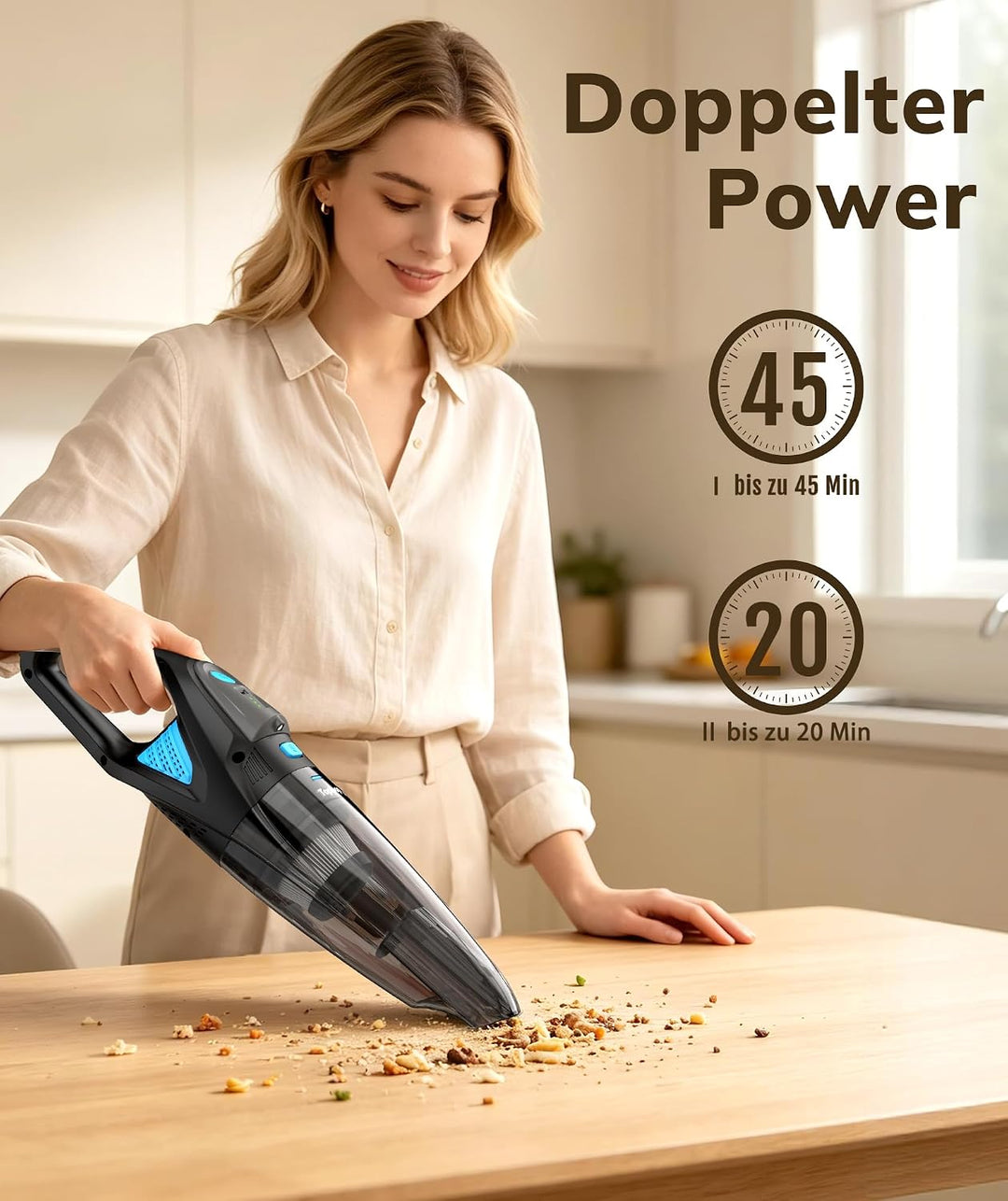 Topipop Handstaubsauger Akku Kabelloser Staubsauger Schwarz | 25000Pa Starke Saugkraft mit HEPA-Filt