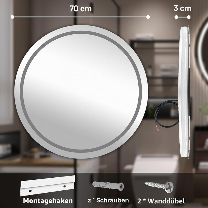 Ratsamee Runder Spiegel mit Beleuchtung, 70cm Bluetooth Badezimmerspiegel mit Beleuchtung, Wandspieg