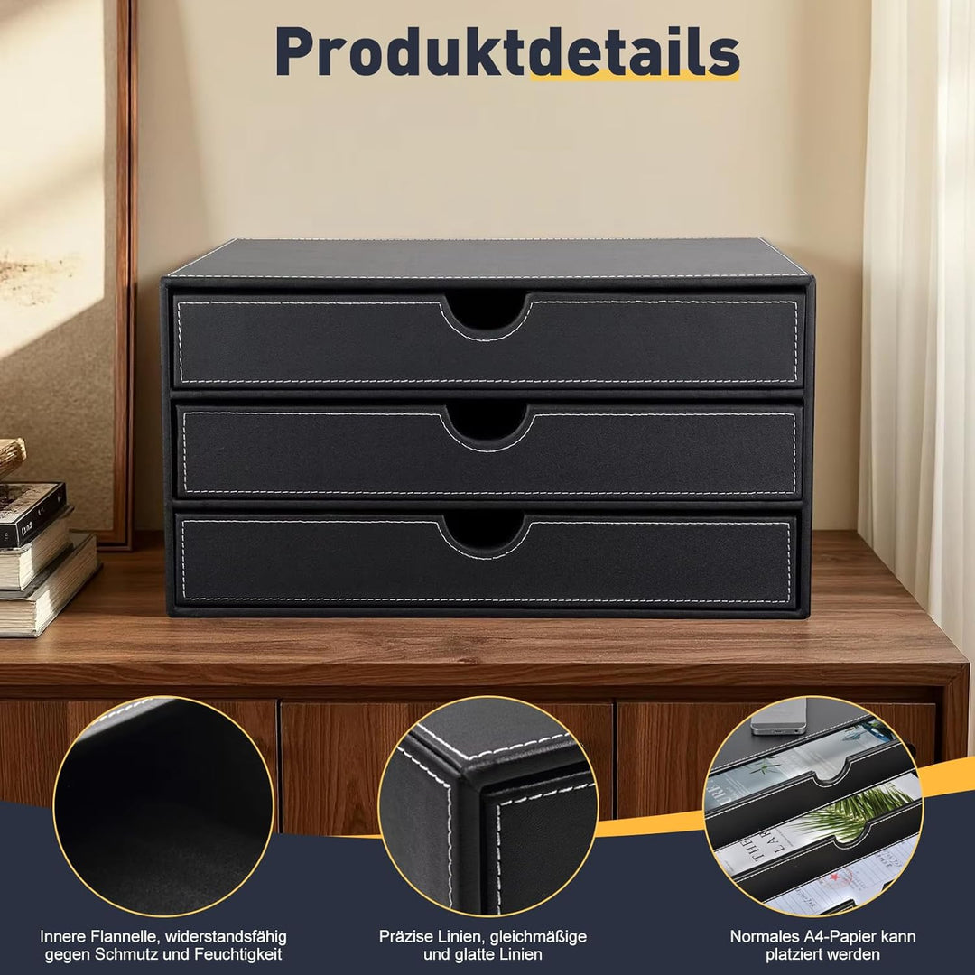 Desktop Leder Schreibtisch Schubladenbox mit 3 Schubladen a4,PU-Leder Schreibtisch organizer Box bür