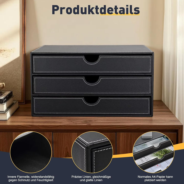 Desktop Leder Schreibtisch Schubladenbox mit 3 Schubladen a4,PU-Leder Schreibtisch organizer Box bür