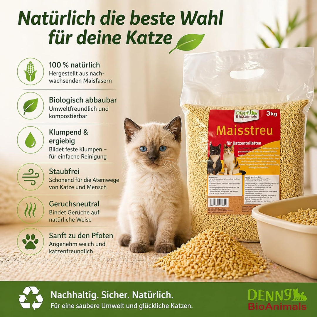 Maisstreu Katzenstreu 30 kg (10 Säcke je 3 kg), 80 L – 100% natürlich &amp; biologisch abbaubar – klumpe
