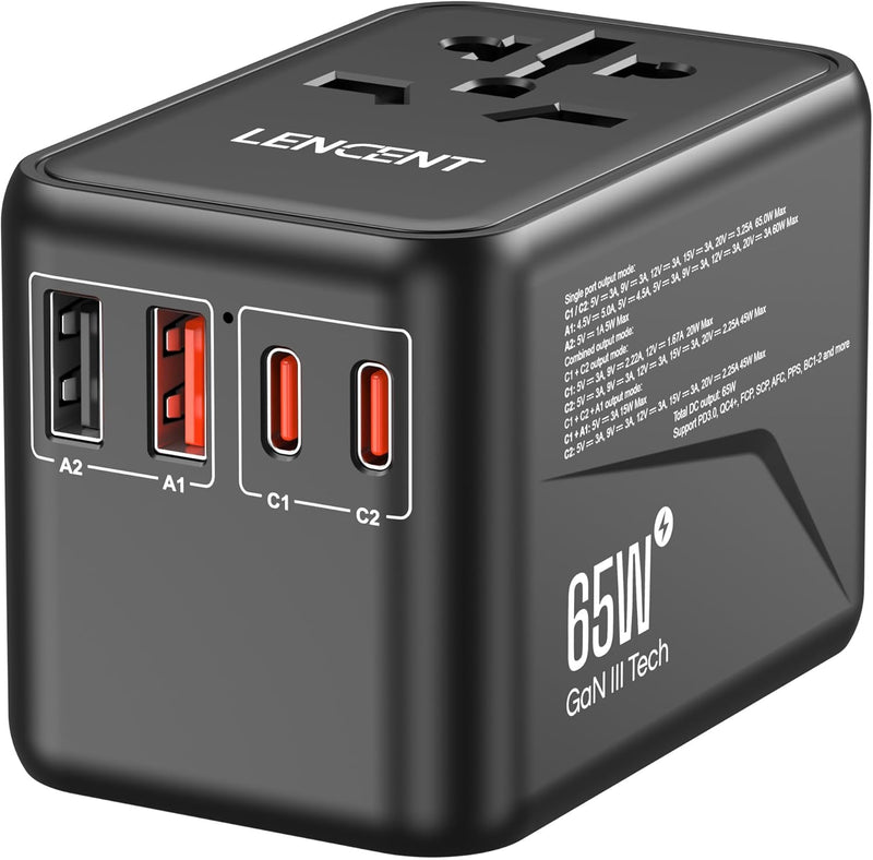 LENCENT Universeller Reiseadapter, GaN3 65W Internationales Adapter mit 2 QC4,0 USB-A+2 PD3,0 Typ-C