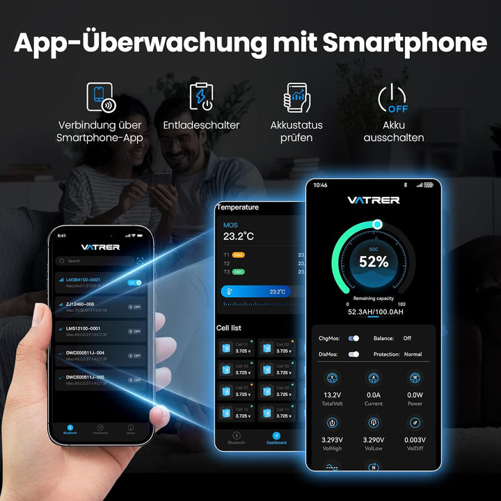 12V 100AH Bluetooth LiFePO4 Lithium Batterie mit 100A BMS 5000 Zyklen Lithium Akku 1280W Abschaltsch