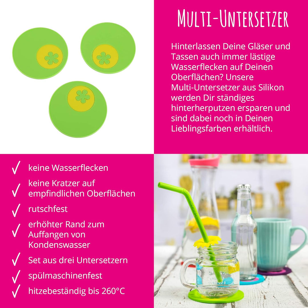 Kochblume Summer Breeze Set | Trinkhalm, Multiuntersetzer, Eiswürfelbereiter, Silikon | (anthrazit,