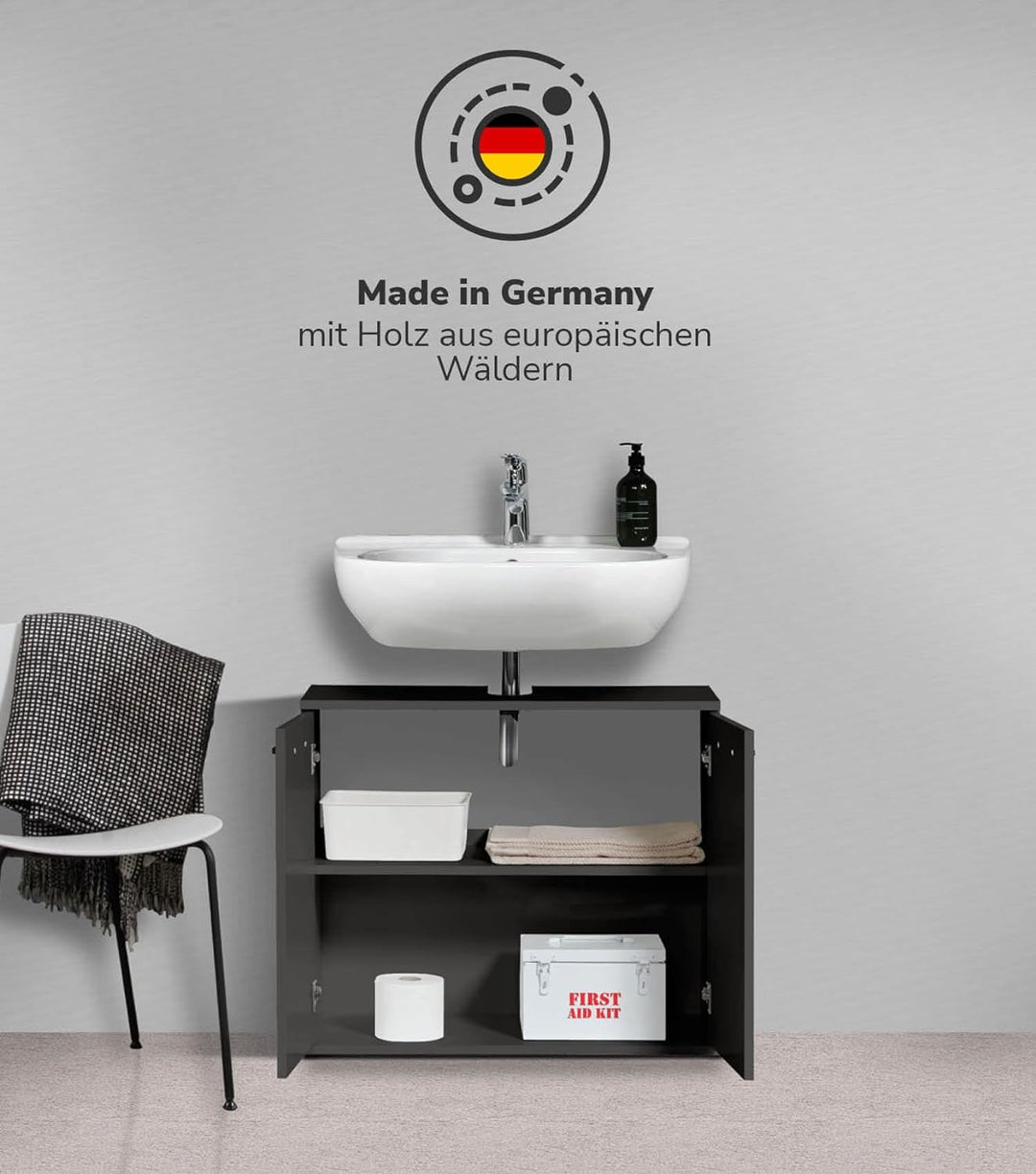 mokebo® Waschbeckenunterschrank Anthrazit, Schwarz 'Der Waschbär' Waschtischunterschrank, Unterschra