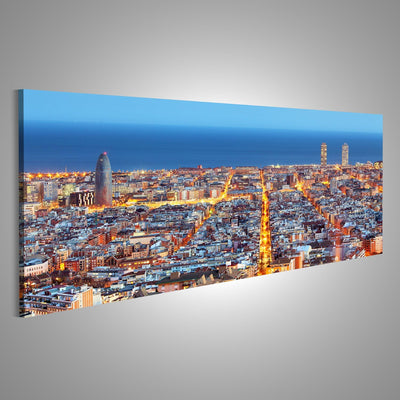 Bild auf Leinwand Barcelona Skyline Luftbild In Der Nacht Spanien Wandbild Poster Kunstdruck Bilder