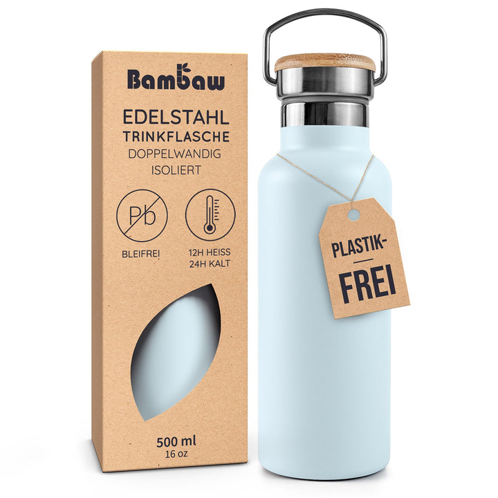 Bambaw Thermosflasche 500ml, Blaue Trinkflasche, Trinkflasche Edelstahl 500ml, Thermosflasche Kaltge