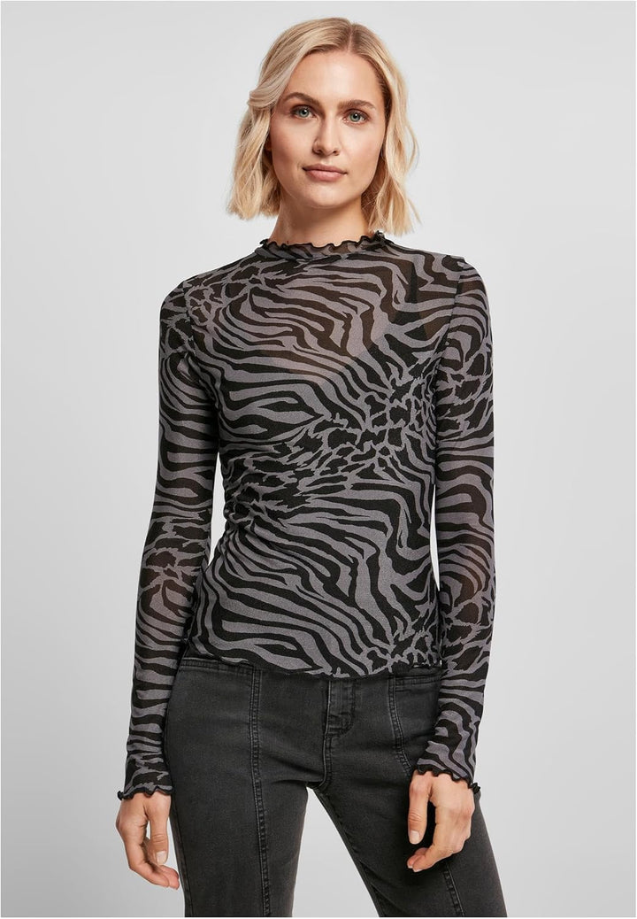 Urban Classics Damen Ladies AOP Mesh Turtleneck Longsleeve XS Asphalt/Black, XS Asphalt/Black