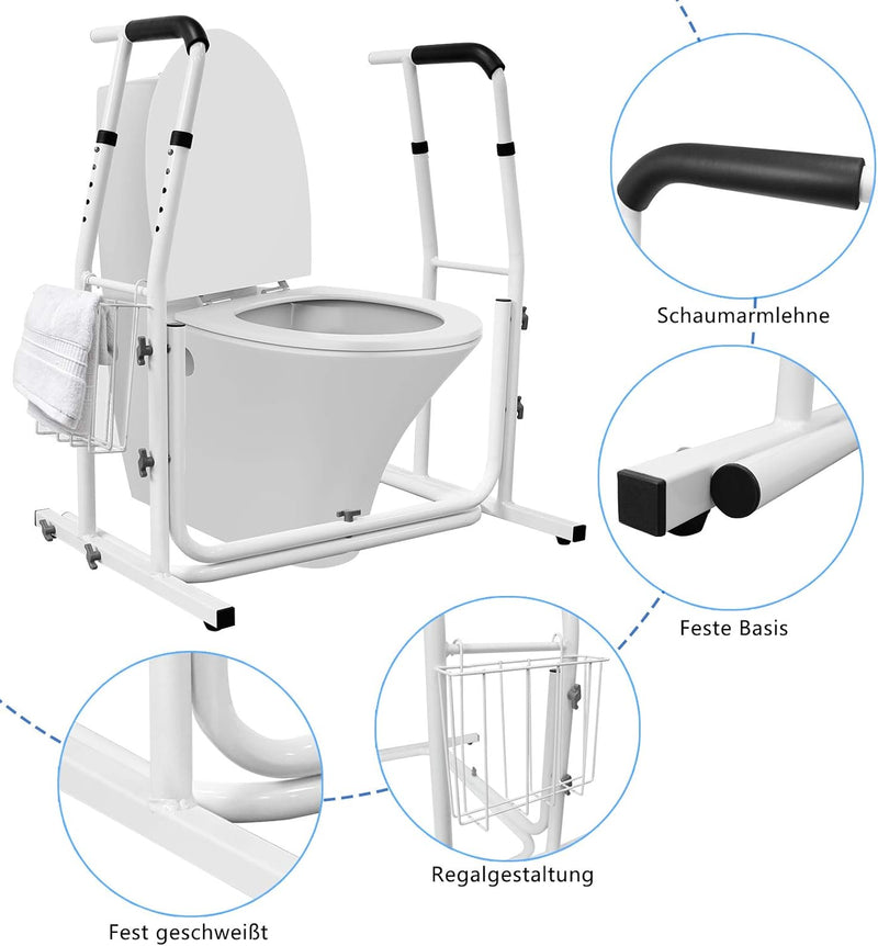 LARS360 Mobile WC-Aufstehhilfe inkl. Ablagekorb, Höhenverstellbar Stützhilfe, Toiletten Stützgestell