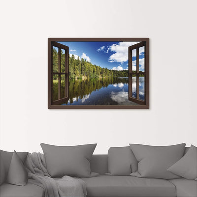 ARTland Leinwandbilder Wandbild Bild Leinwand 100x70 cm Fensterblick Wald See Landschaft Norwegen Na