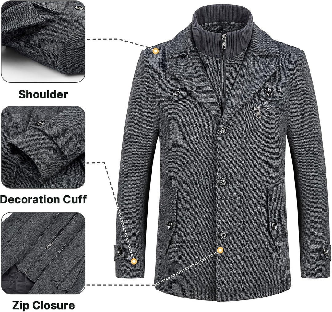 KUDORO Herren Wintermantel Wolle Kurzmantel Herren Wollmantel Mittellang Slim Fit für Business Freiz