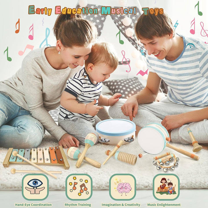 Musikinstrumente für Kinder- Miljgte Kinderspielzeug ab 3 Jahre Spielzeug Holzspielzeug Trommel Xylo