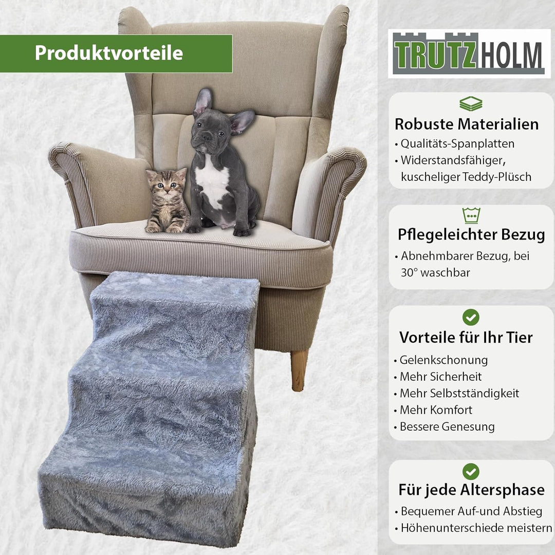 TRUTZHOLM Hundetreppe 3 Stufen Hunderampe für Bett und Sofa, Abnehmbarer, waschbarer Plüschbezug in