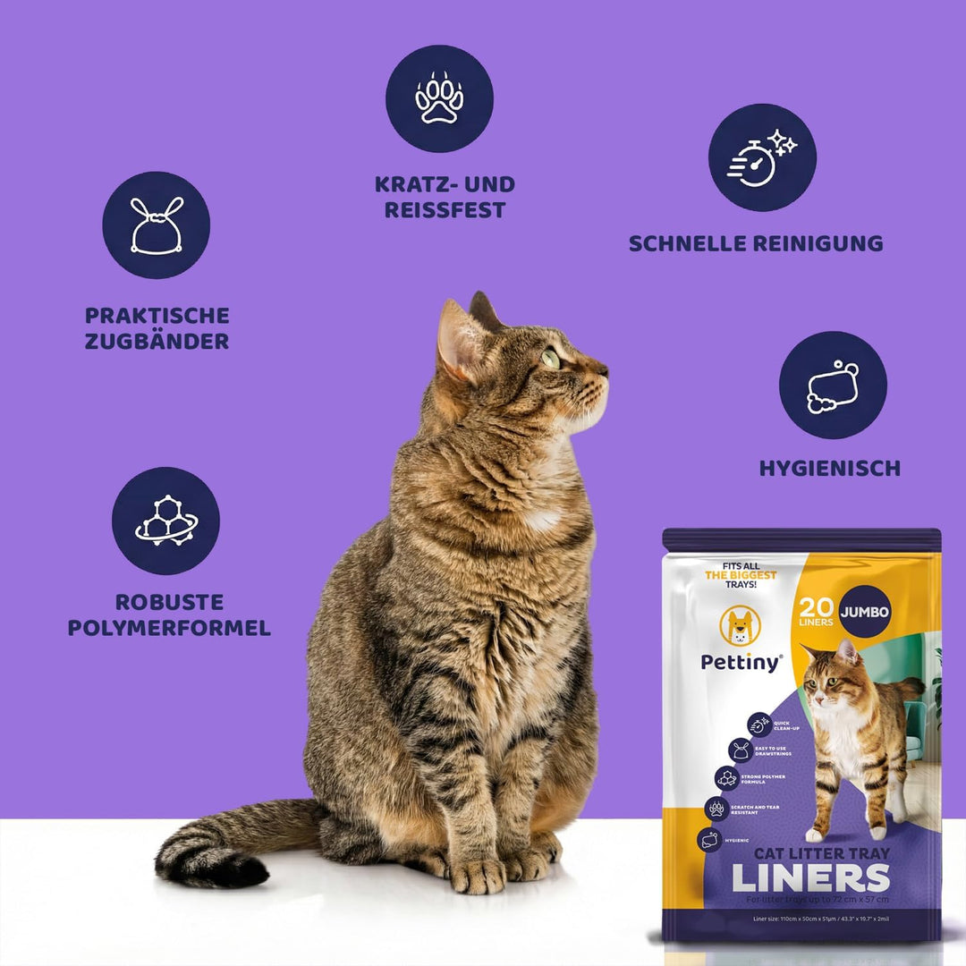 Pettiny Jumbo Katzentoilettenbeutel mit Zugbändern – 20er Pack Kratzfeste Tüten für Riesige Katzento