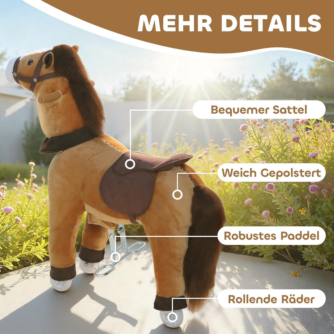 AIYAPLAY Reitpferd, Spielpferd zum Reiten mit Sattel Rollen, 75 cm Stehpferd, Plüschpferd für Kinder