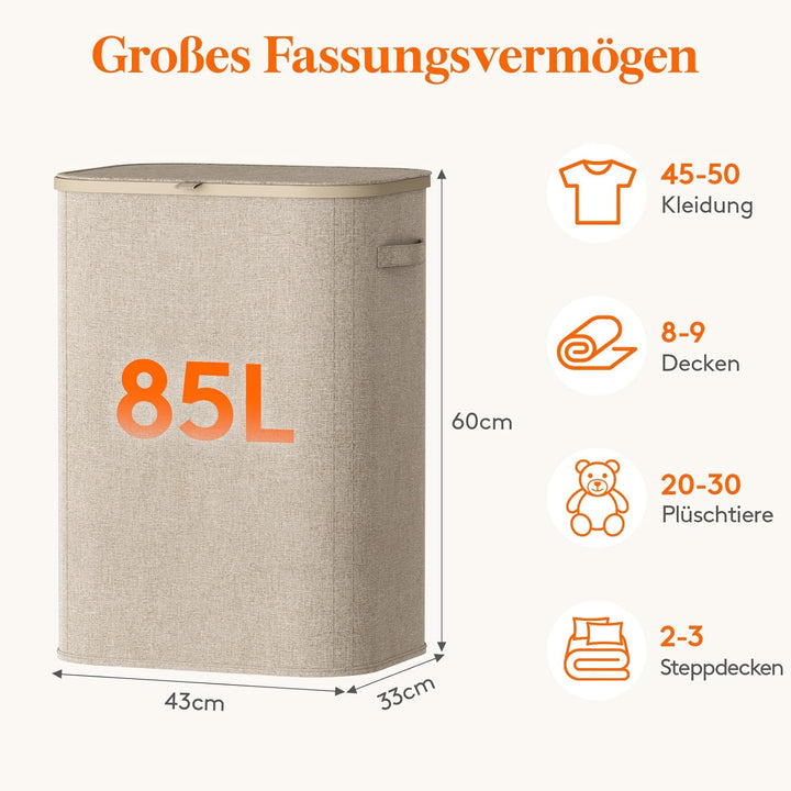Lifewit Wäschekorb mit Deckel, 85L Wäschesammler mit Kunststoffrahmen, faltbarer grosser Wäschesorti