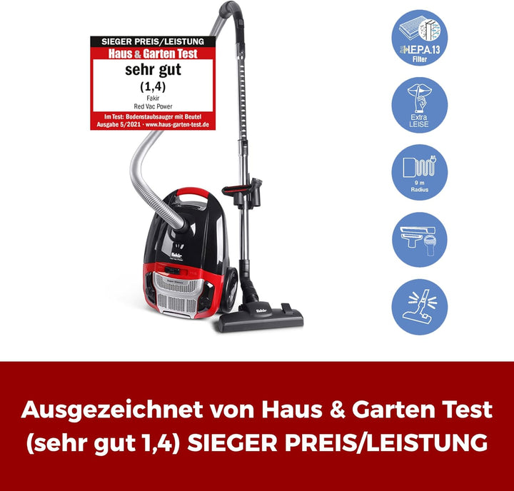 Fakir Red Vac Power Staubsauger mit Beutel 700W, Bodenstaubsauger mit Kabel, HEPA H13 Filter, sehr l