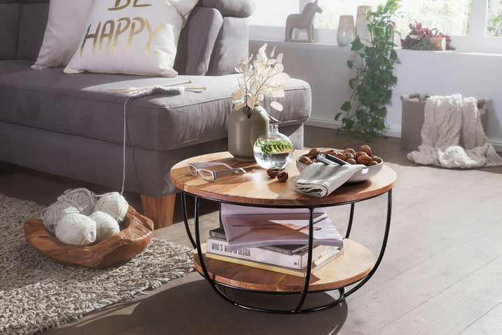 FineBuy Couchtisch 60x34,5x60 cm Akazie Massivholz/Metall Sofatisch | Design Wohnzimmertisch Rund |